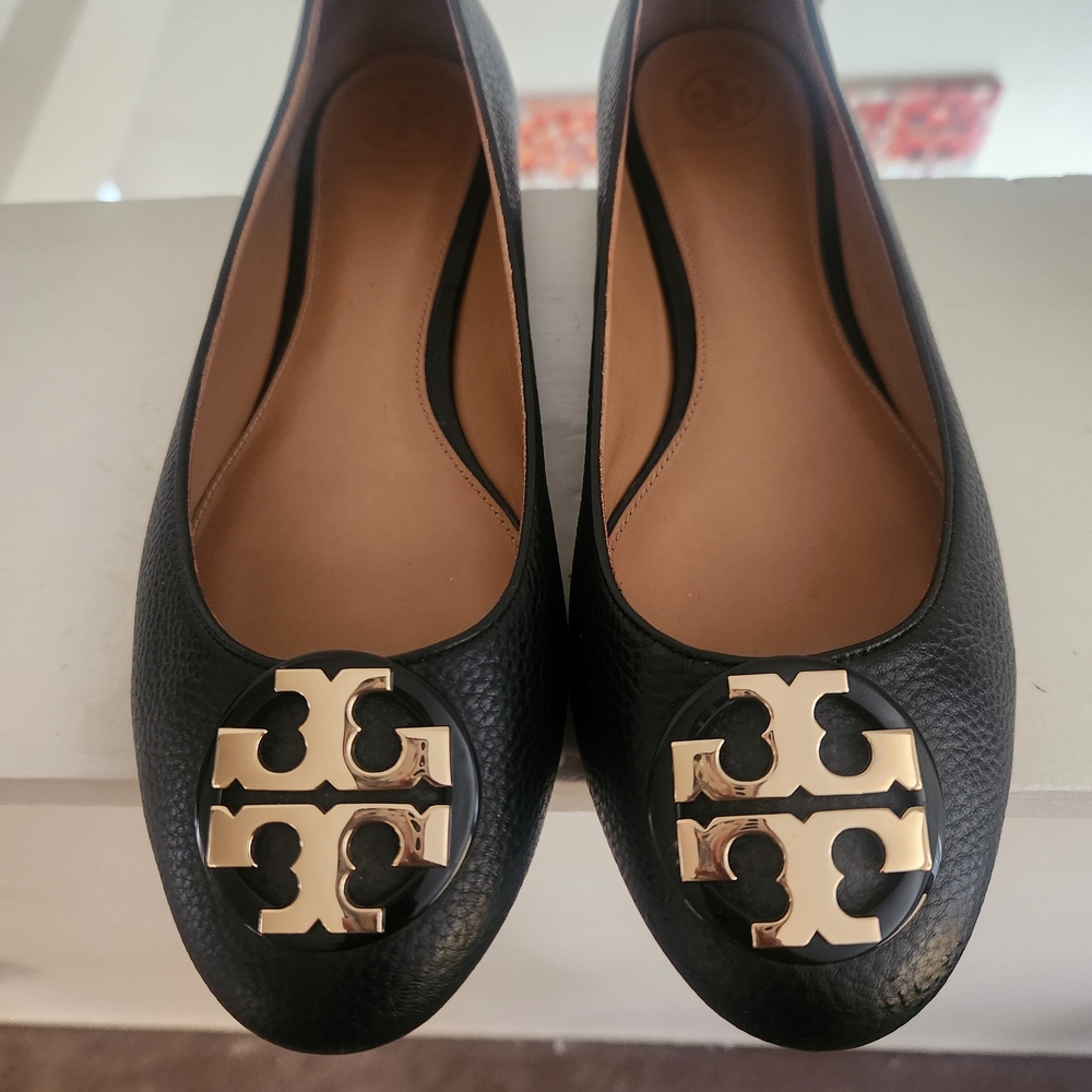 Tory Burch Black Leather Flats with Gold Logo